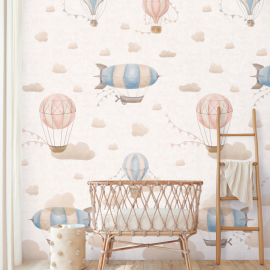 Dreamy child's bedroom setup featuring the large-scale balloon and cloud mural across the primary wall for a whimsical feel.