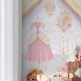 Enchanting child's bedroom setting featuring the large-scale cream and pink fairytale mural spanning the main accent wall.