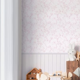 Creative bedroom perspective illustrating how the soft, delicate wildflower artwork coordinates with neutral toned wood furniture.