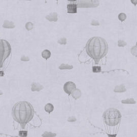 Flat material sample of the AS Creation Lilly & Luis 77077-2 design highlighting the gentle grey hot air balloon pattern.