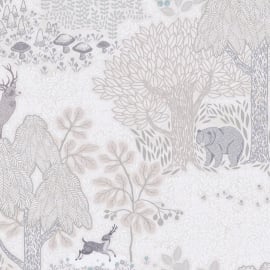 Flat material sample of the AS Creation Lilly & Luis 77133-2 design showing the detailed brown and cream illustrated woodland pattern.