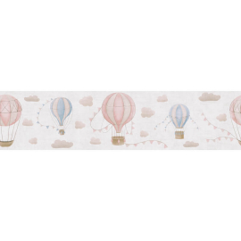 Flat material sample of the AS Creation Lilly & Luis 77135-1 design showing the multi-coloured hot air balloon pattern details.