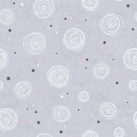 Flat material sample of the AS Creation Lilly & Luis 77139-1 design showing the alternating grey and pink circular pattern.