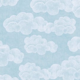 Flat material sample of the AS Creation Lilly & Luis 77143-1 design showing the detailed blue and white illustrated cloud pattern.