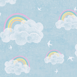 Flat material sample of the AS Creation Lilly & Luis 77144-1 design showing the detailed multi coloured illustrated rainbow pattern.