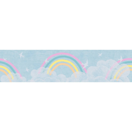 Flat material sample of the AS Creation Lilly & Luis 77145-1 design showing the multi-coloured rainbow cloud pattern details.
