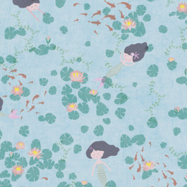 Flat material sample of the AS Creation Lilly & Luis 77146-1 design showing the detailed multi coloured illustrated mermaid pattern.
