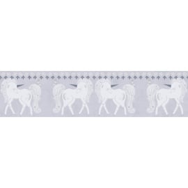 Flat material sample of the AS Creation Lilly & Luis 77147-1 design displaying the sweet unicorn illustration in pink and grey tones.