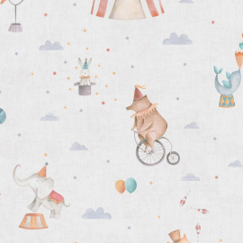 Flat material sample of the AS Creation Lilly & Luis 77148-1 design showing the detailed multi coloured illustrated circus pattern.
