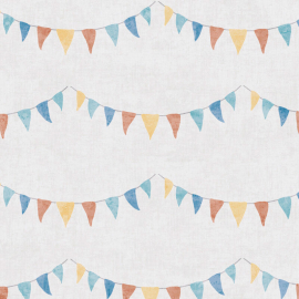 Flat material sample of the AS Creation Lilly & Luis 77171-1 design showing the detailed multi coloured illustrated bunting pattern.