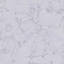 Flat material sample of the AS Creation Lilly & Luis 77174-1 design showing the detailed grey tones in the skateboard pattern.