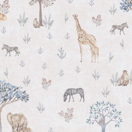 Flat material sample of the AS Creation Lilly & Luis 77176-1 design showing the detailed multi coloured illustrated safari animal pattern.