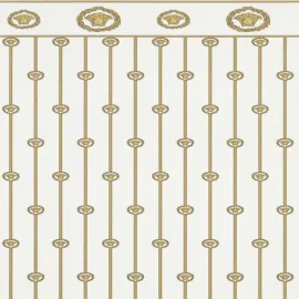 Flat swatch of Versace Baroque Panel in gold and white showing the detailed non-woven substrate surface.