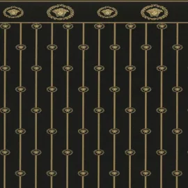 Flat swatch of Versace Baroque Panel in gold and black showing the detailed non-woven substrate surface.