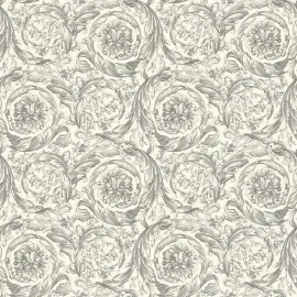 Flat swatch of Versace Barocco Flowers in white and grey showing the detailed non-woven substrate surface.