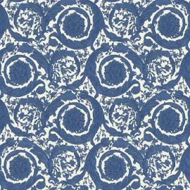 Flat swatch of Versace Barocco Flowers in blue and white showing the detailed non-woven substrate surface.