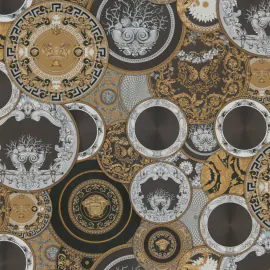 Flat swatch of Versace Art De La Table in black, gold, and silver showing the detailed non-woven substrate surface.