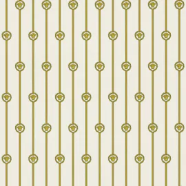Flat swatch of Versace Baroque Stripe in gold and white showing the detailed non-woven substrate surface.