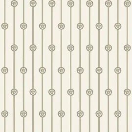 Flat swatch of Versace Baroque Stripe in gilver and white showing the detailed non-woven substrate surface.