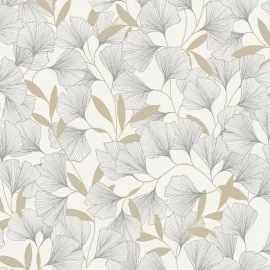 Grandeco Attitude Ginko Leafy Floral White/Gold Metallic Wallpaper - A64401