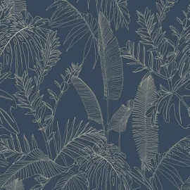 Grandeco Omaru Galapalos Tropical Leaves Navy Wallpaper - A69303