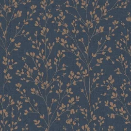 Grandeco Omaru Calluna Leaf Motif Navy Metallic Wallpaper - A71404