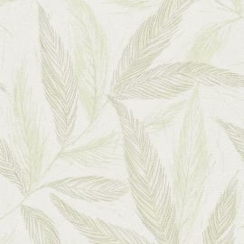 Flat scan of the AS Creation Hygge 3 79096-1 design displaying the cream and green leaf palette with metallic highlights.