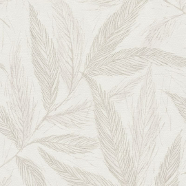 Clean sample scan of the AS Creation Hygge 3 79096-2 design showing the cream leaves and silver metallic detailing.
