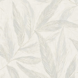 Flat material sample of the AS Creation Hygge 3 79096-3 design showing the blue leaf trails and silver metallic details.
