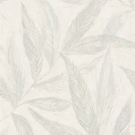 Flat material sample of the AS Creation Hygge 3 79096-3 design showing the blue leaf trails and silver metallic details.