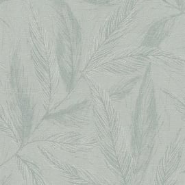 Flat material sample of the AS Creation Hygge 3 79096-5 design showing the rich green leaves and silver metallic accents.