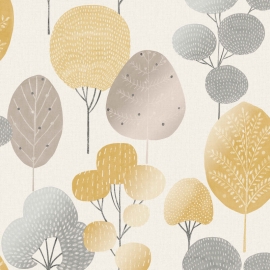 Crown Scandi Forest Tree Mustard/Grey Metallic Wallpaper - M1530