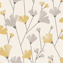 Crown Scandi Modern Floral Mustard/Grey Metallic Wallpaper - M1529