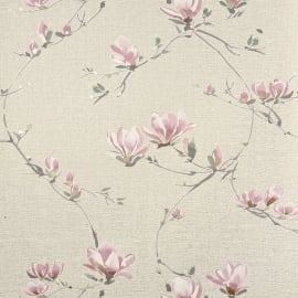 Flat swatch of Fine Decor Isla Trail in natural and pink showing the metallic luxury textured vinyl.