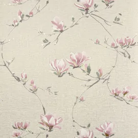 Flat swatch of Fine Decor Isla Trail in natural and pink showing the metallic luxury textured vinyl.