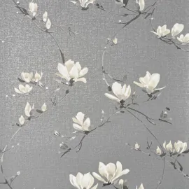 Flat swatch of Fine Decor Isla Trail in soft charcoal showing the metallic luxury textured vinyl.