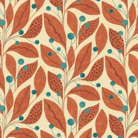 Ohpopsi Berry Dot Leaves Rust/Teal Wallpaper - GRA50134W
