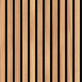 Close-up material sample of the Hoopla Walls HWA1448W design showing the oak wood slat print on a non-woven base.