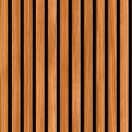 Close-up material sample of the Hoopla Walls HWA1450W design showing the rich teak wood slat print on a non-woven base.
