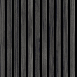 Close-up material sample of the Hoopla Walls HWA1452W design showing the dark charcoal wood slat print on a non-woven base.