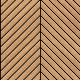 Close-up material sample of the Hoopla Walls HWA1457W design showing the oak chevron slat print on a non-woven base.