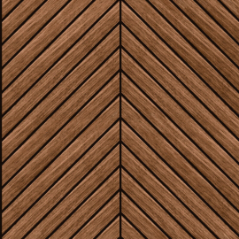 Close-up material sample of the Hoopla Walls HWA1458W design showing the walnut chevron slat print on a non-woven base.