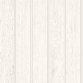 Close-up material sample of the Hoopla Walls HWA1474W design showing the washed white tongue and groove plank print on a non-woven base.