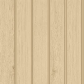 Close-up material sample of the Hoopla Walls HWA1475W design showing the sand tongue and groove plank print on a non-woven base.
