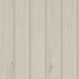 Close-up material sample of the Hoopla Walls HWA1476W design showing the stone grey tongue and groove plank print on a non-woven base.