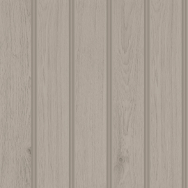 Close-up material sample of the Hoopla Walls HWA1477W design showing the mink taupe tongue and groove plank print on a non-woven base.