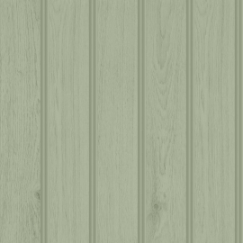 Close-up material sample of the Hoopla Walls HWA1478W design showing the sage green tongue and groove plank print on a non-woven base.