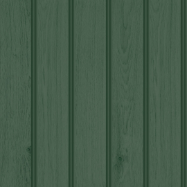 Close-up material sample of the Hoopla Walls HWA1479W design showing the forest green tongue and groove plank print on a non-woven base.