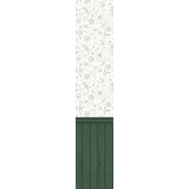 Close-up material sample of the Hoopla Walls HWA1481W design showing the floral toile top and forest tongue and groove bottom printed on a single flat non-woven base.
