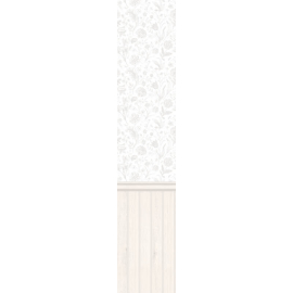 Close-up material sample of the Hoopla Walls HWA1485W design showing the floral toile top and washed white tongue and groove bottom printed on a single flat non-woven base.